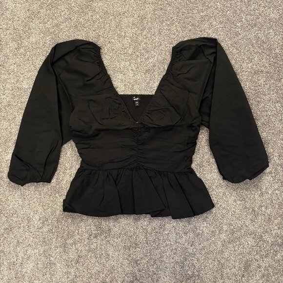 Express Women's V-Neck Pleated Peplum Top Size XS Black 3/4 Puff Sleeves NWT $74 - Picture 6 of 16